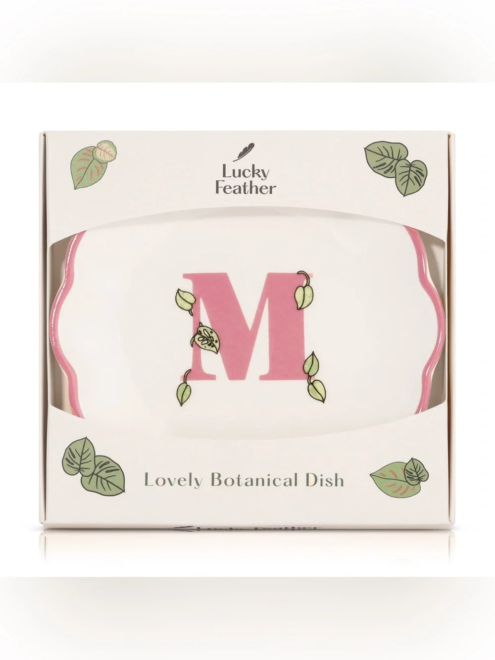NIB Lucky Feather Botanical Initial M Ceramic Trinket Dish in Gift Box